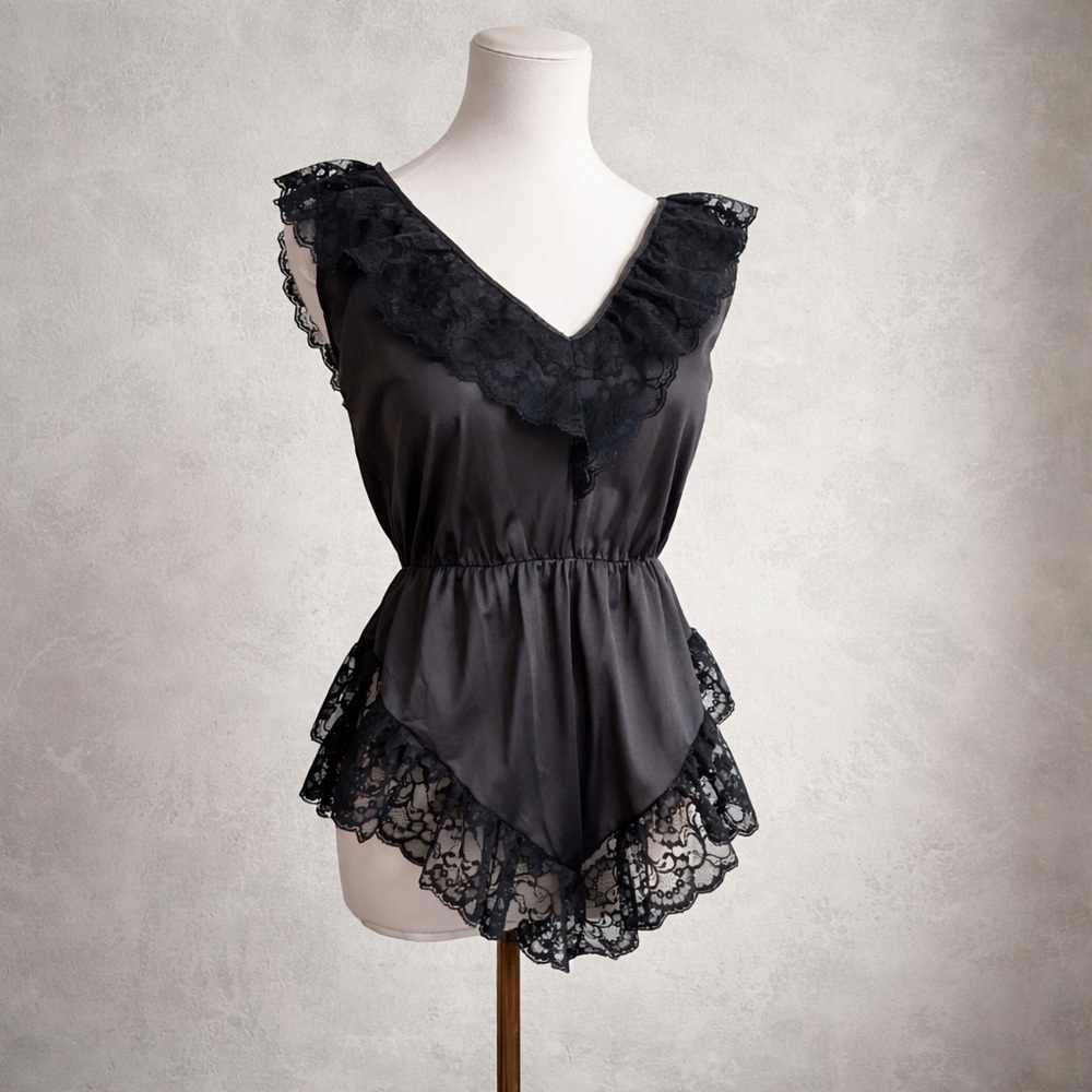 Vintage Black Lace Babydoll Bodysuit Y2K Fairycore Whimsigoth L